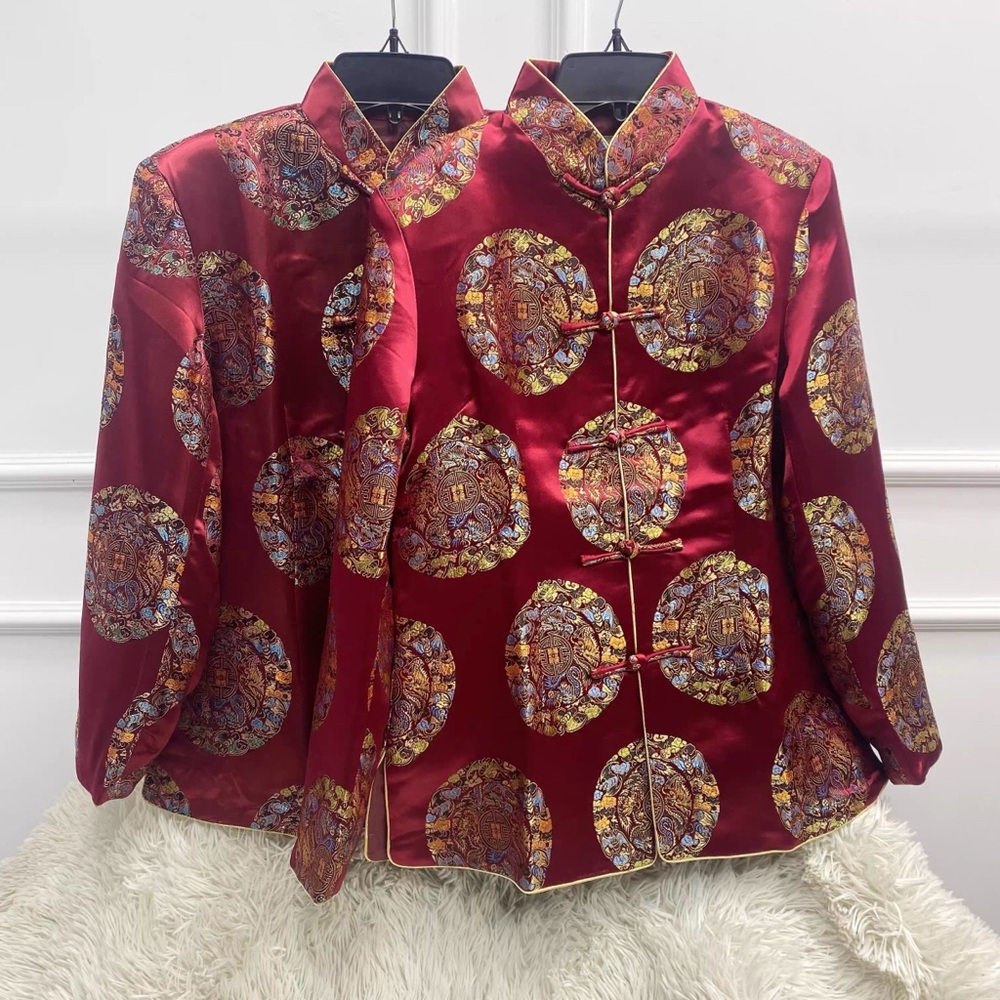 Elegant Red Satin Jacket with Gold Accents